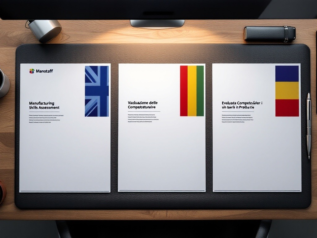 Manufacturing HR documentation displaying systematic multilingual report presentation with clear national flags representing English, Italian, and Romanian translations. Framework ensures precise communication through established quality-assured channels. Manufacturing HR documentation displaying systematic multilingual report presentation with clear national flags representing English, Italian, and Romanian translations. Framework ensures precise communication through established quality-assured channels.