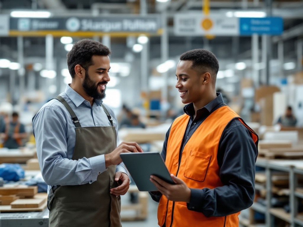 Recruitment coordinator providing on-site support to manufacturing candidate during shop floor discussion, demonstrating Manstaff's enhanced operational support for clients with 50+ temporary workers. Image illustrates our hands-on coordination approach with multilingual communication capabilities. Recruitment coordinator providing on-site support to manufacturing candidate during shop floor discussion, demonstrating Manstaff's enhanced operational support for clients with 50+ temporary workers. Image illustrates our hands-on coordination approach with multilingual communication capabilities.