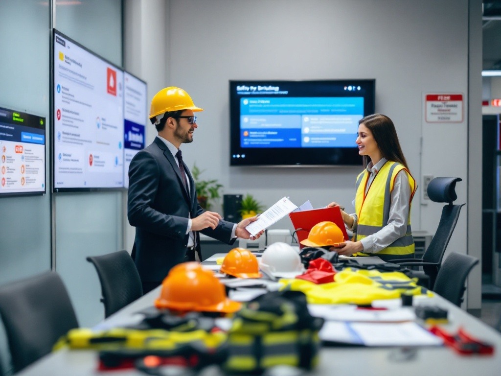 Account manager conducting safety briefing with candidate in dedicated training room, surrounded by PPE displays and safety equipment Account manager conducting safety briefing with candidate in dedicated training room, surrounded by PPE displays and safety equipment