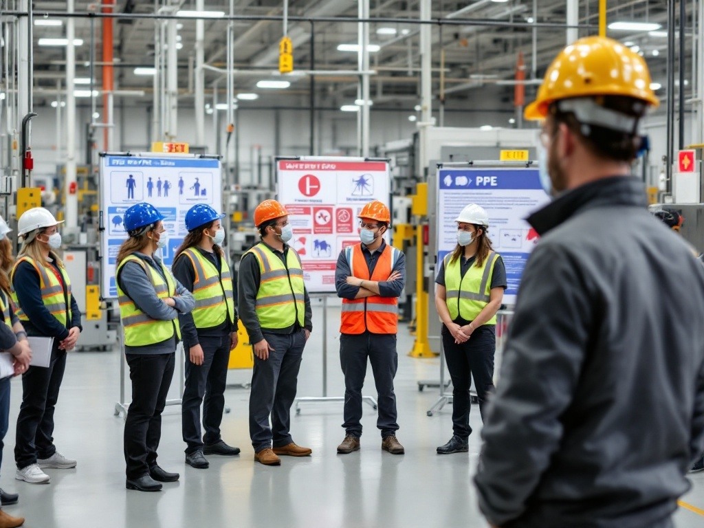 Manufacturing team participating in safety protocol briefing on production floor, with supervisor demonstrating PPE requirements and emergency procedures. Image illustrates Manstaff's multilingual safety compliance approach in client's manufacturing environment. Manufacturing team participating in safety protocol briefing on production floor, with supervisor demonstrating PPE requirements and emergency procedures. Image illustrates Manstaff's multilingual safety compliance approach in client's manufacturing environment.