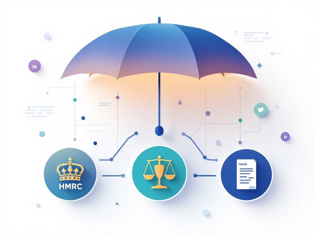 Professional illustration showing FCSA-accredited umbrella protecting three key elements: HMRC crown representing statutory compliance, balanced scales showing equal pay requirements, and digital payslip icon, with satisfied worker symbol below. Image demonstrates Manstaff's compliant payroll framework managing employer contributions (30.07%) including NI, Holiday Pay, and Pension Professional illustration showing FCSA-accredited umbrella protecting three key elements: HMRC crown representing statutory compliance, balanced scales showing equal pay requirements, and digital payslip icon, with satisfied worker symbol below. Image demonstrates Manstaff's compliant payroll framework managing employer contributions (30.07%) including NI, Holiday Pay, and Pension